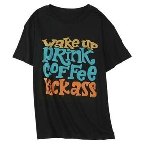 WAKE UP DRINK COFFEE KICK ASS BLACK MULTI T-SHIRT SIZE 1X